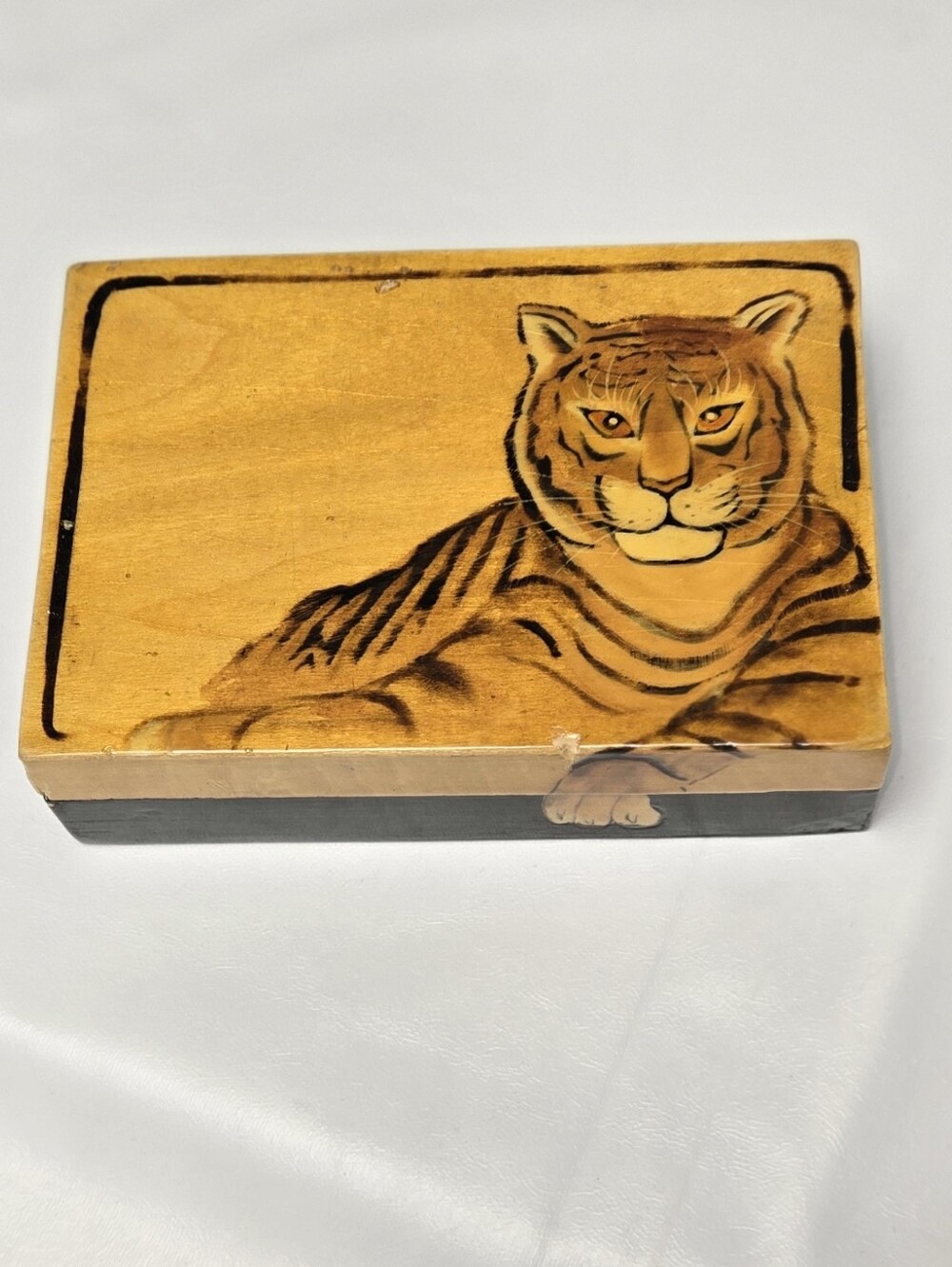 Tiger Motif Wooden Keepsake Box in Natural Brown